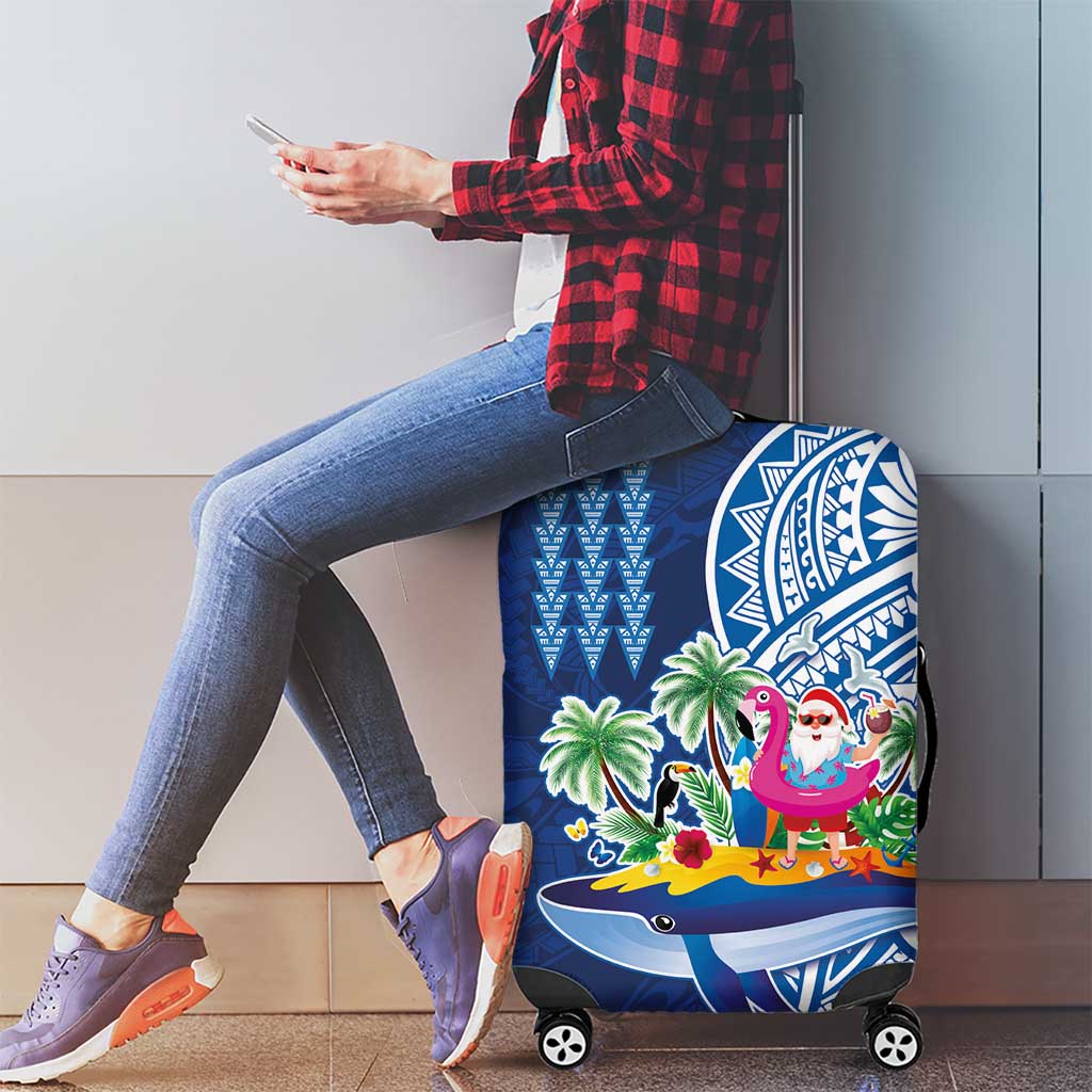 Hawaiian Mele Kalikimaka Luggage Cover Funny Santa on Whale Island with Kakau Tattoos - Polynesian Pride