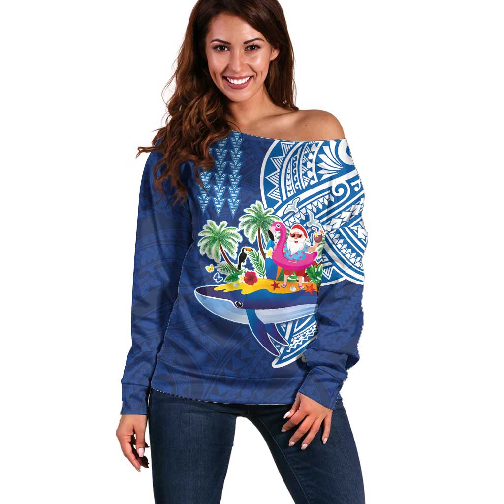 Hawaiian Mele Kalikimaka Off Shoulder Sweater Funny Santa on Whale Island with Kakau Tattoos - Polynesian Pride
