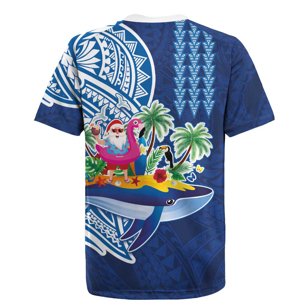 Hawaiian Mele Kalikimaka Rugby Jersey Funny Santa on Whale Island with Kakau Tattoos - Polynesian Pride