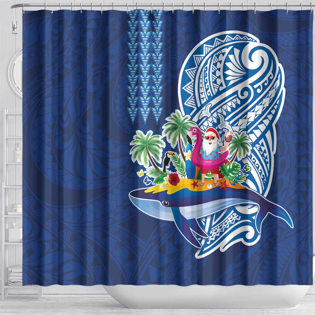 Hawaiian Mele Kalikimaka Shower Curtain Funny Santa on Whale Island with Kakau Tattoos - Polynesian Pride