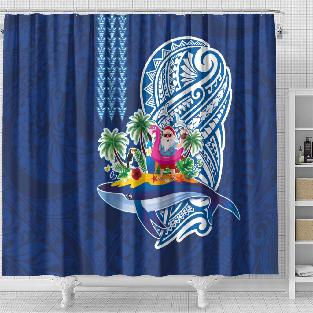 Hawaiian Mele Kalikimaka Shower Curtain Funny Santa on Whale Island with Kakau Tattoos - Polynesian Pride