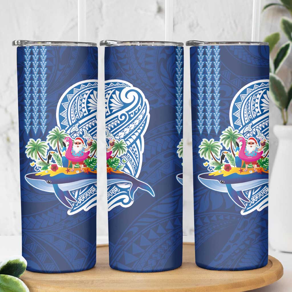 Hawaiian Mele Kalikimaka Skinny Tumbler Funny Santa on Whale Island with Kakau Tattoos - Polynesian Pride