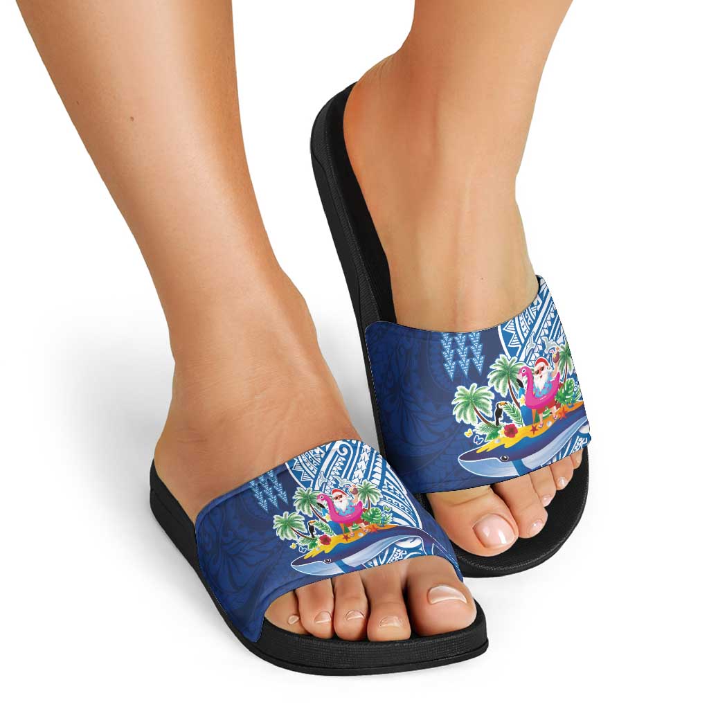 Hawaiian Mele Kalikimaka Slide Sandals Funny Santa on Whale Island with Kakau Tattoos - Polynesian Pride