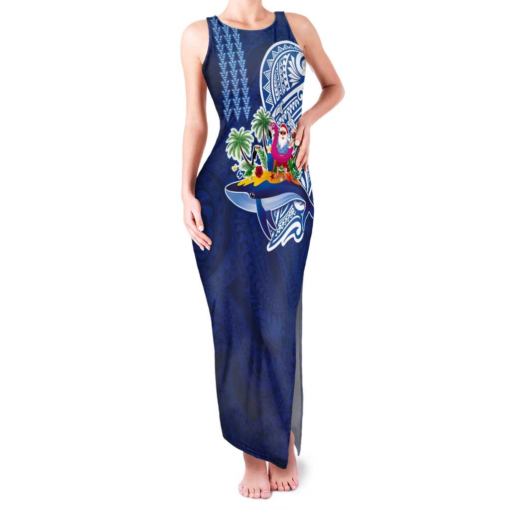 Hawaiian Mele Kalikimaka Tank Maxi Dress Funny Santa on Whale Island with Kakau Tattoos - Polynesian Pride