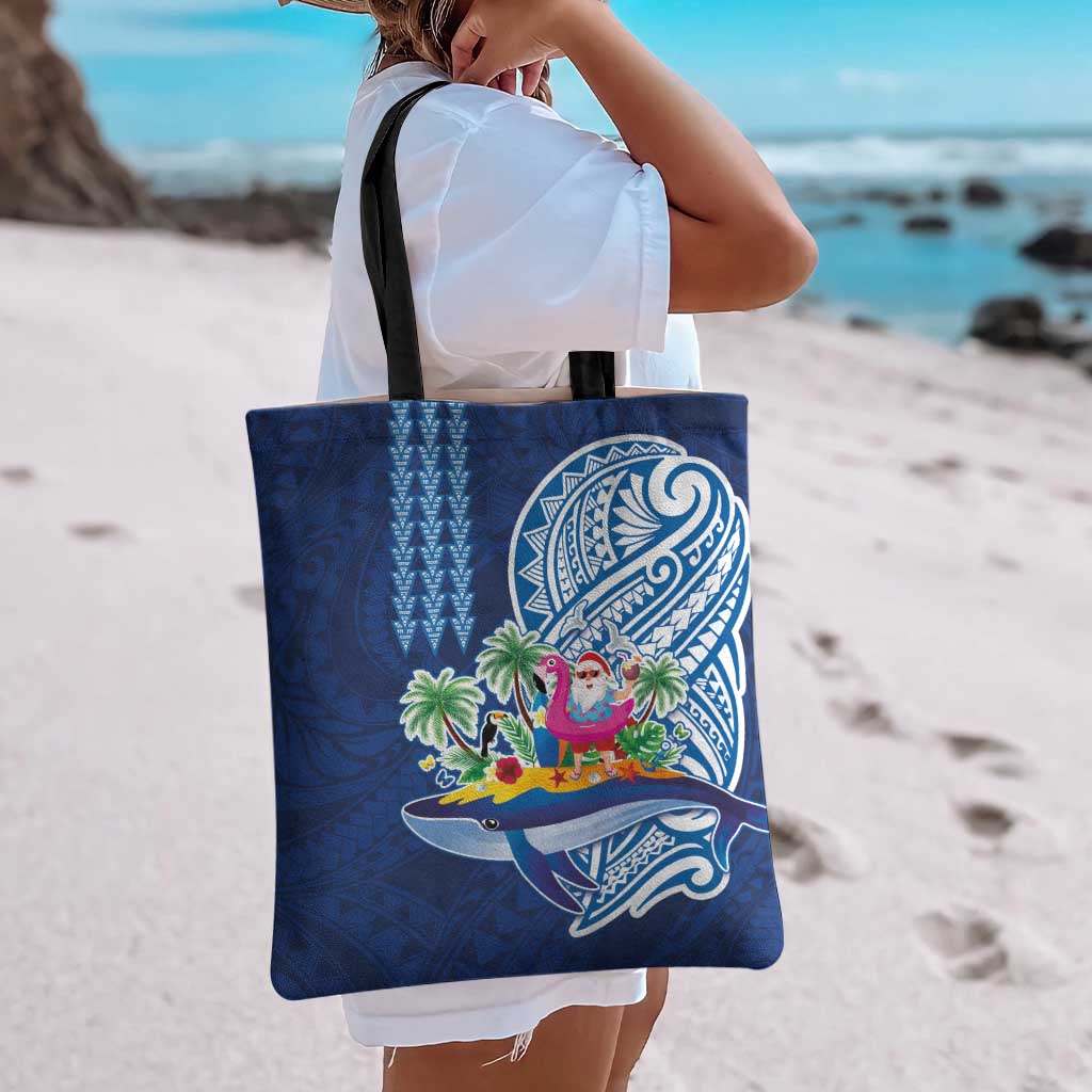 Hawaiian Mele Kalikimaka Tote Bag Funny Santa on Whale Island with Kakau Tattoos - Polynesian Pride