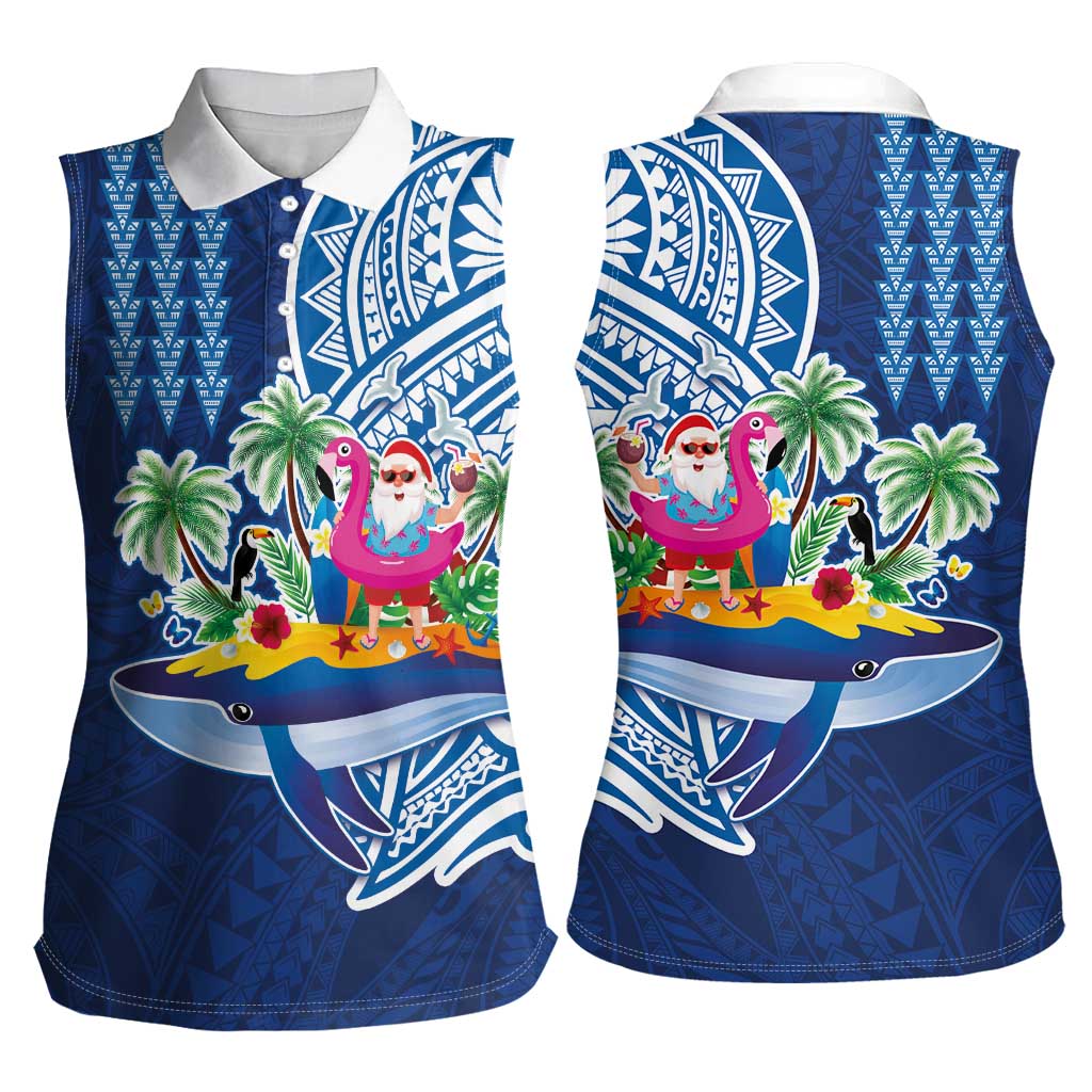 Hawaiian Mele Kalikimaka Women Sleeveless Polo Shirt Funny Santa on Whale Island with Kakau Tattoos - Polynesian Pride