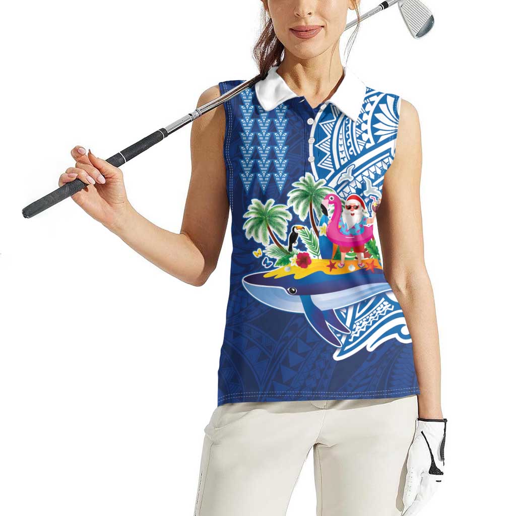 Hawaiian Mele Kalikimaka Women Sleeveless Polo Shirt Funny Santa on Whale Island with Kakau Tattoos - Polynesian Pride