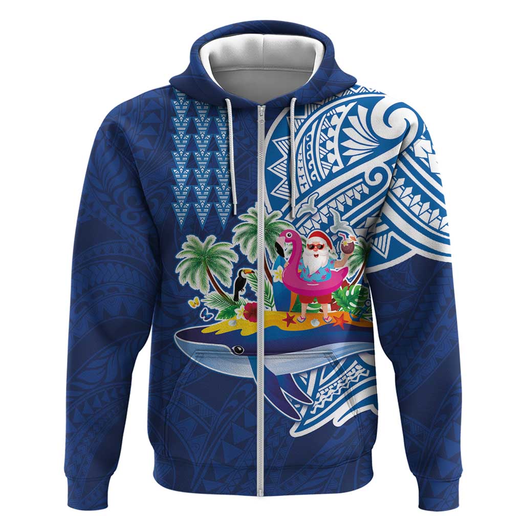 Hawaiian Mele Kalikimaka Zip Hoodie Funny Santa on Whale Island with Kakau Tattoos - Polynesian Pride