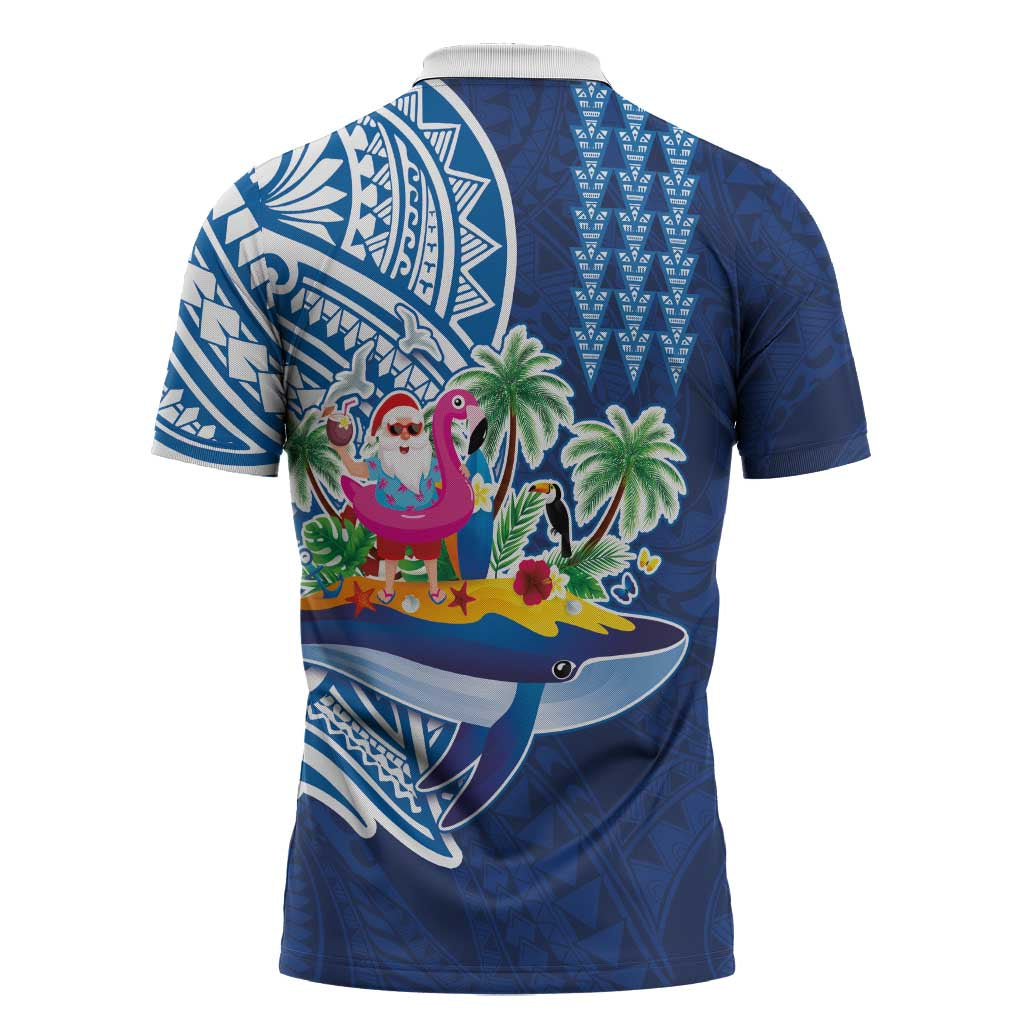 Hawaiian Mele Kalikimaka Zipper Polo Shirt Funny Santa on Whale Island with Kakau Tattoos - Polynesian Pride