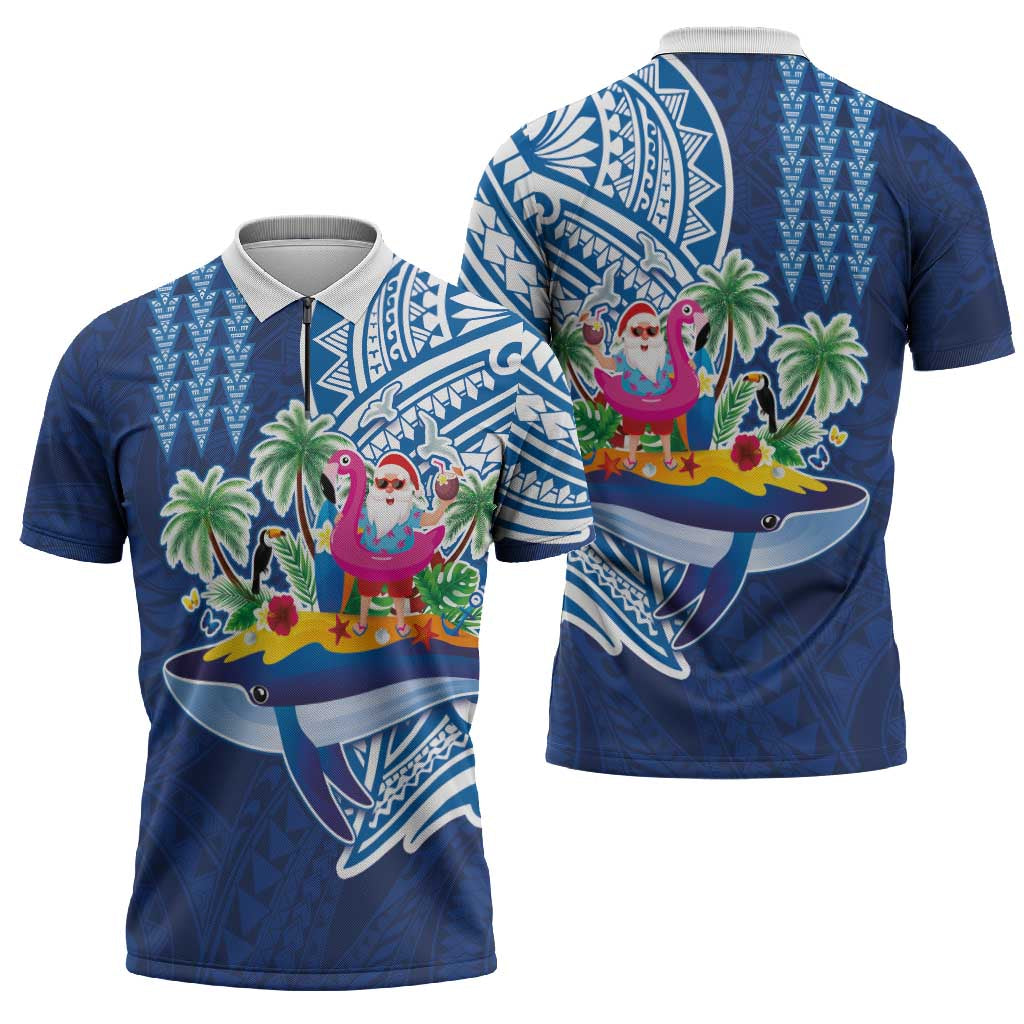 Hawaiian Mele Kalikimaka Zipper Polo Shirt Funny Santa on Whale Island with Kakau Tattoos - Polynesian Pride