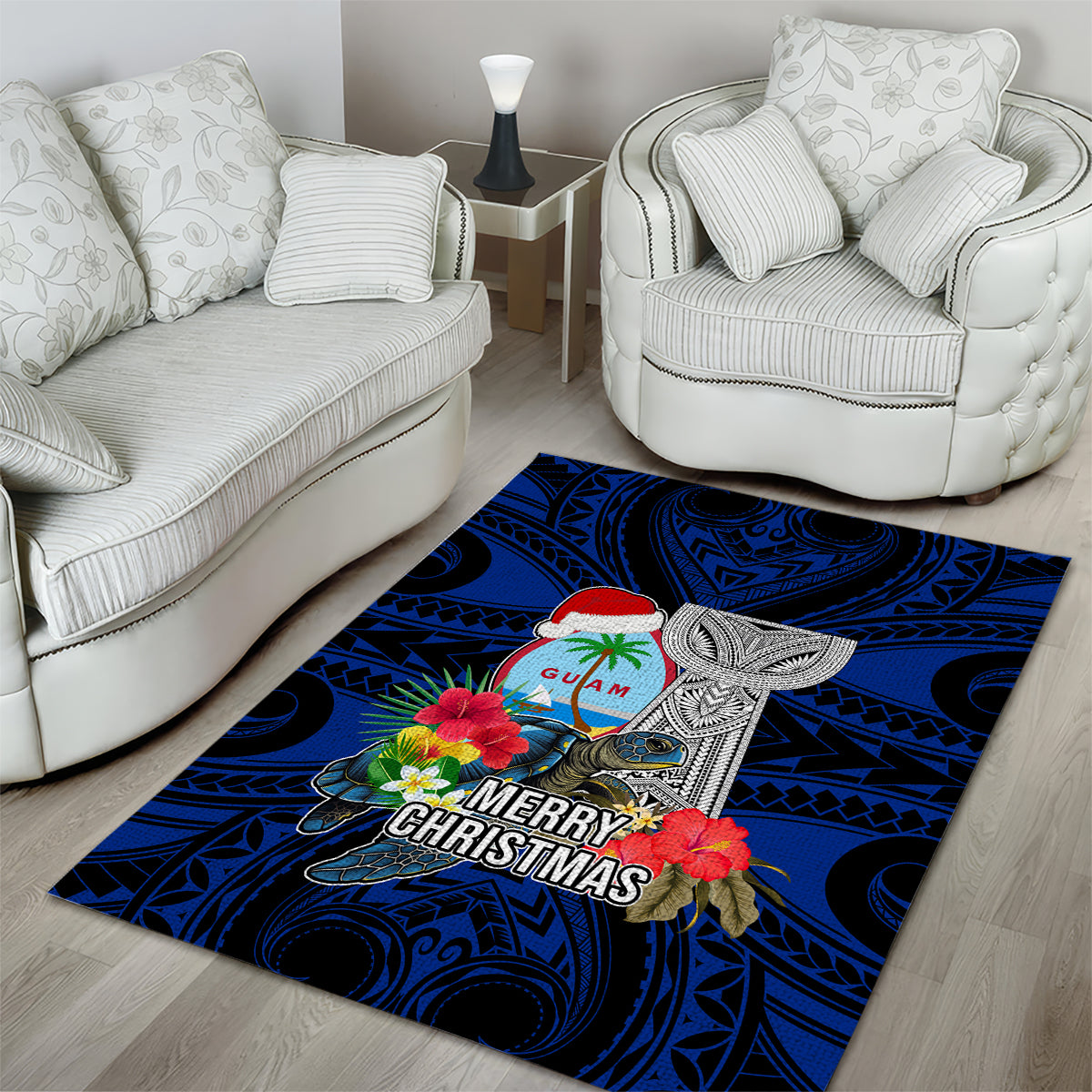 Guam Christmas Area Rug Santa Gift Latte Stone and Sea Turle Mix Hibiscus Chamorro Blue Style LT03