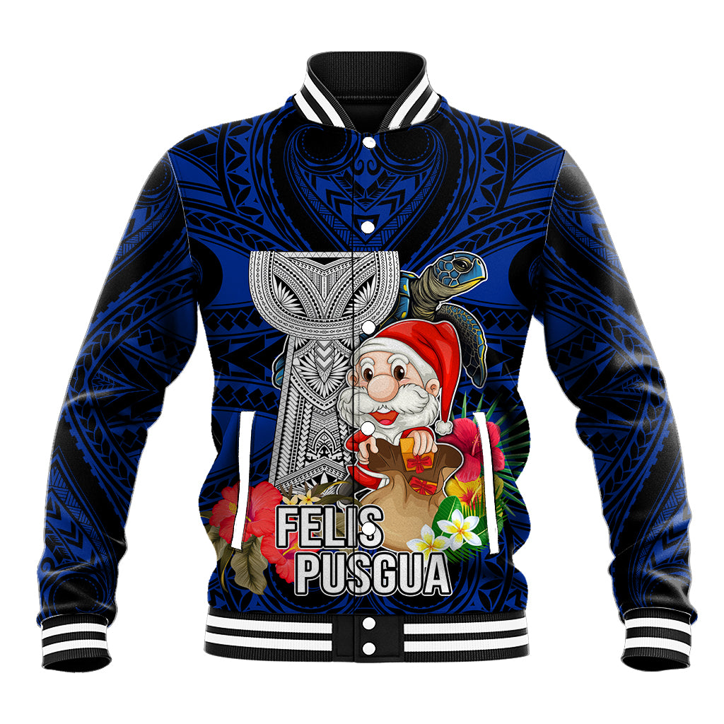 Guam Christmas Baseball Jacket Santa Gift Latte Stone and Sea Turle Mix Hibiscus Chamorro Blue Style LT03