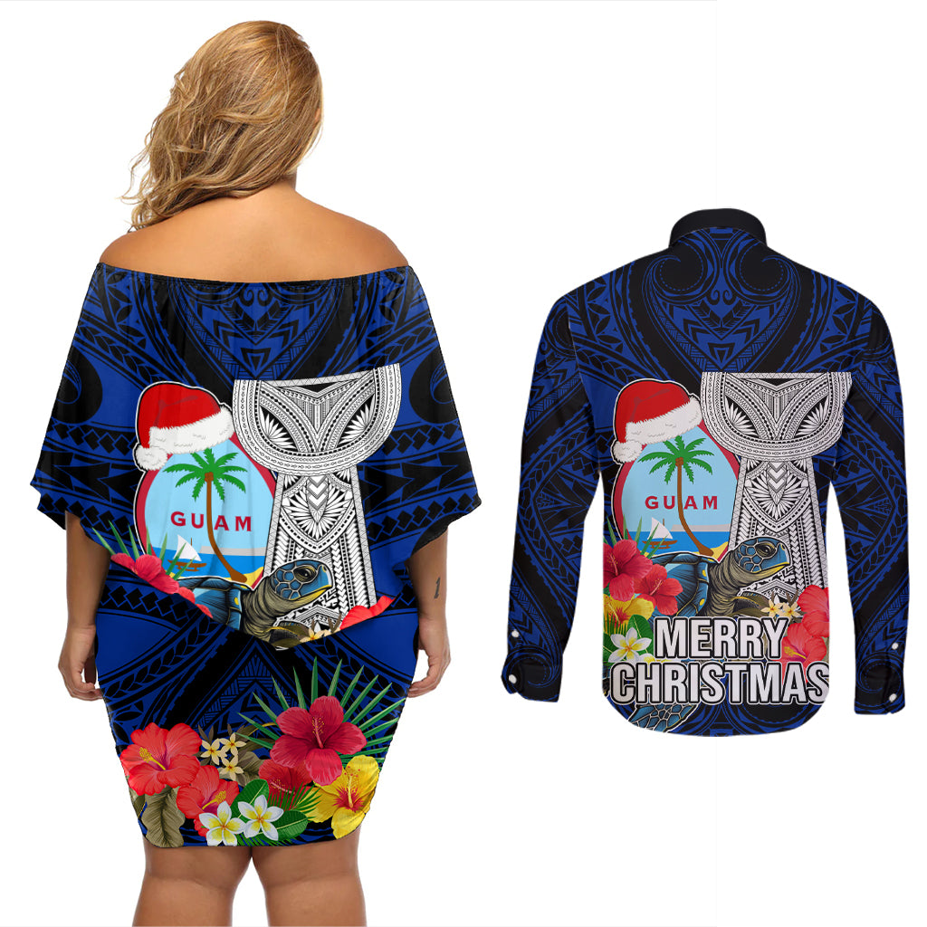 Guam Christmas Couples Matching Off Shoulder Short Dress and Long Sleeve Button Shirt Santa Gift Latte Stone and Sea Turle Mix Hibiscus Chamorro Blue Style LT03