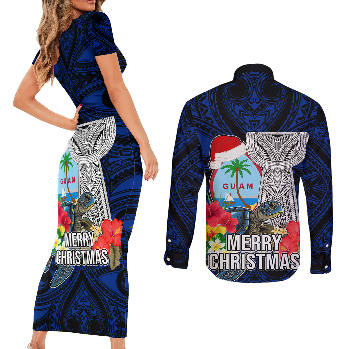 Guam Christmas Couples Matching Short Sleeve Bodycon Dress and Long Sleeve Button Shirt Santa Gift Latte Stone and Sea Turle Mix Hibiscus Chamorro Blue Style LT03