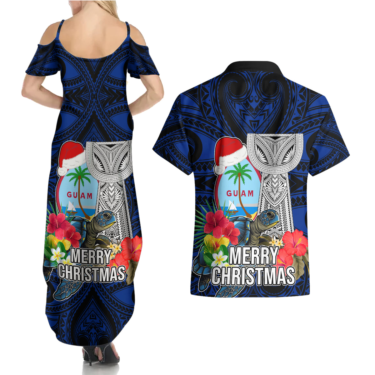 Guam Christmas Couples Matching Summer Maxi Dress and Hawaiian Shirt Santa Gift Latte Stone and Sea Turle Mix Hibiscus Chamorro Blue Style LT03