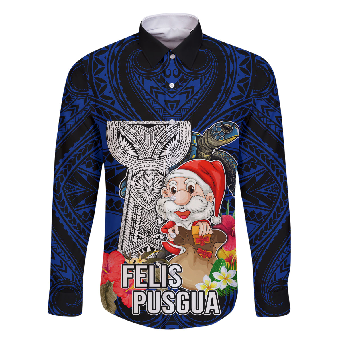 Guam Christmas Family Matching Mermaid Dress and Hawaiian Shirt Santa Gift Latte Stone and Sea Turle Mix Hibiscus Chamorro Blue Style LT03