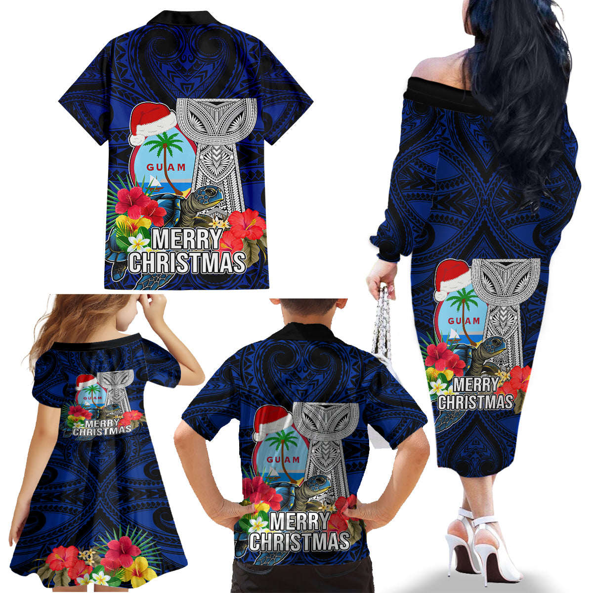 Guam Christmas Family Matching Off Shoulder Long Sleeve Dress and Hawaiian Shirt Santa Gift Latte Stone and Sea Turle Mix Hibiscus Chamorro Blue Style LT03