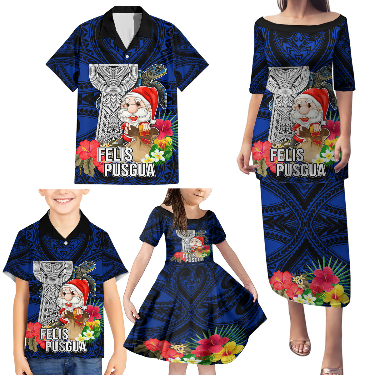 Guam Christmas Family Matching Puletasi Dress and Hawaiian Shirt Santa Gift Latte Stone and Sea Turle Mix Hibiscus Chamorro Blue Style LT03