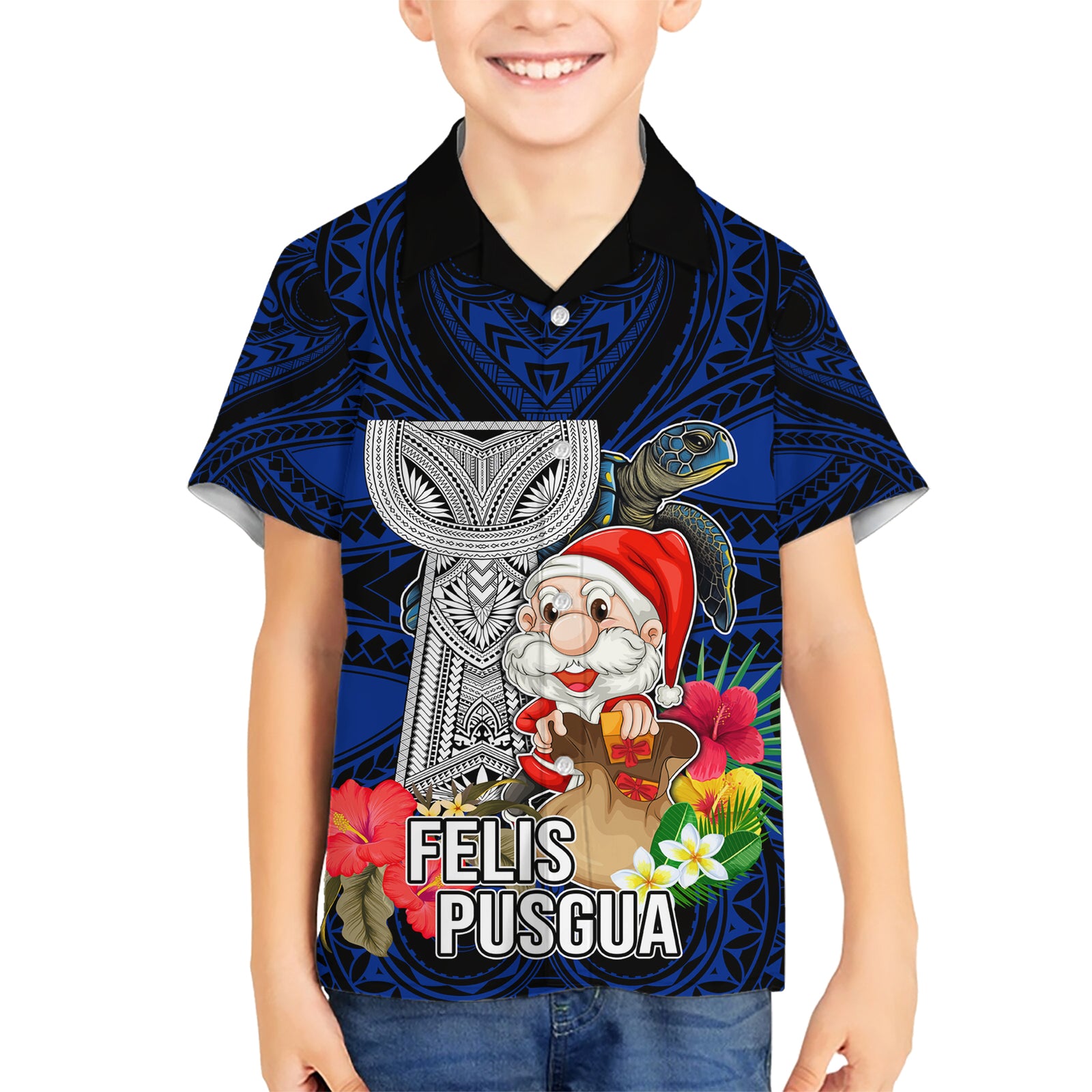 Guam Christmas Kid Hawaiian Shirt Santa Gift Latte Stone and Sea Turle Mix Hibiscus Chamorro Blue Style LT03