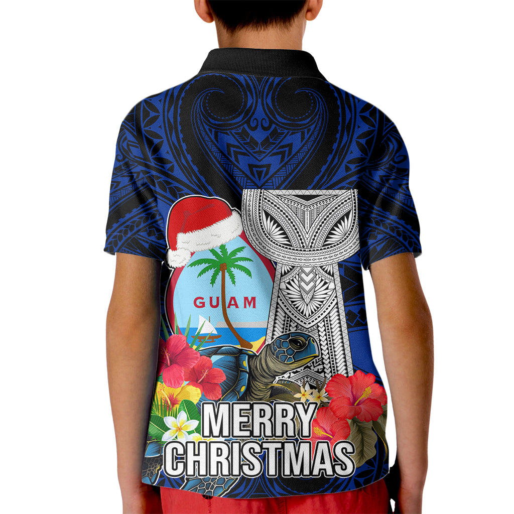 Guam Christmas Kid Polo Shirt Santa Gift Latte Stone and Sea Turle Mix Hibiscus Chamorro Blue Style LT03