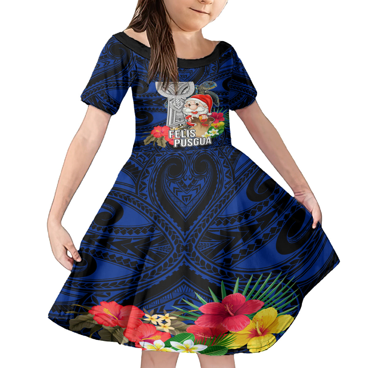 Guam Christmas Kid Short Sleeve Dress Santa Gift Latte Stone and Sea Turle Mix Hibiscus Chamorro Blue Style LT03