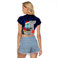 Guam Christmas Raglan Cropped T Shirt Santa Gift Latte Stone and Sea Turle Mix Hibiscus Chamorro Blue Style LT03