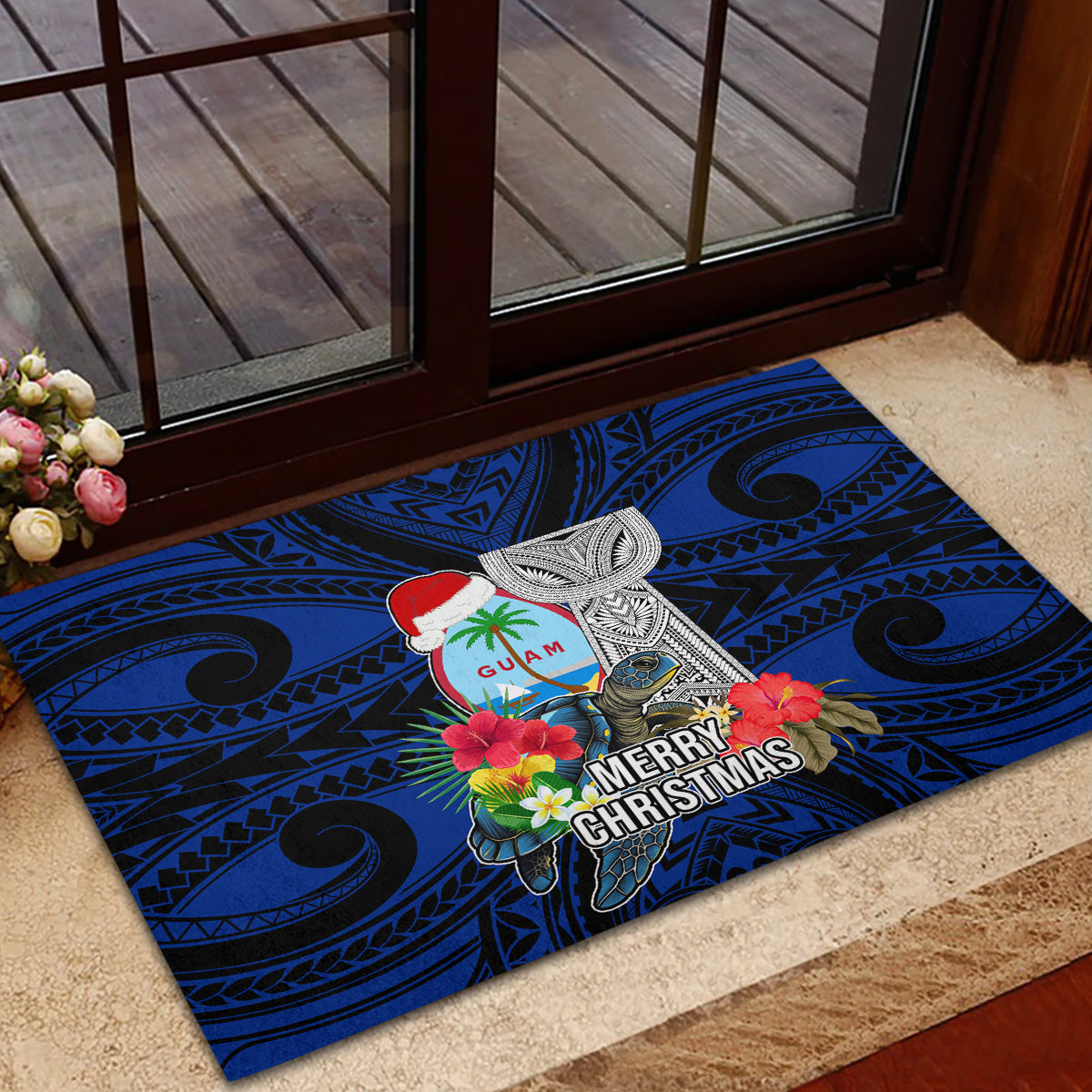 Guam Christmas Rubber Doormat Santa Gift Latte Stone and Sea Turle Mix Hibiscus Chamorro Blue Style LT03