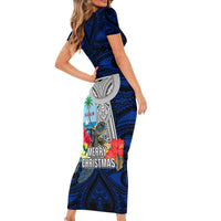 Guam Christmas Short Sleeve Bodycon Dress Santa Gift Latte Stone and Sea Turle Mix Hibiscus Chamorro Blue Style LT03
