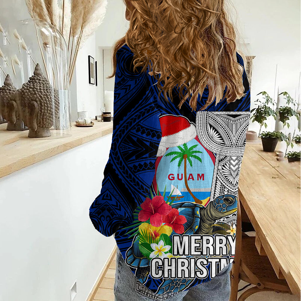 Guam Christmas Women Casual Shirt Santa Gift Latte Stone and Sea Turle Mix Hibiscus Chamorro Blue Style LT03