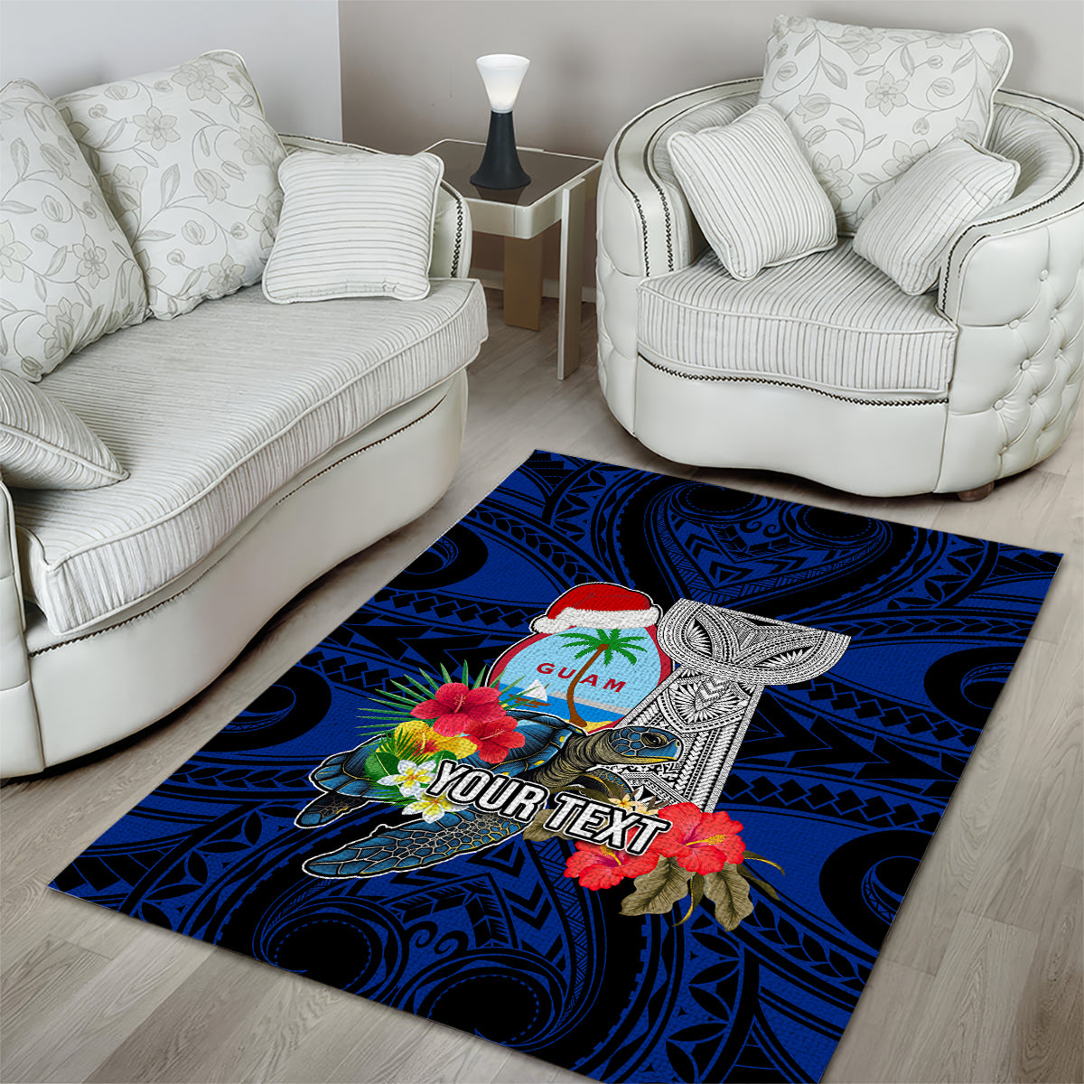 Custom Guam Christmas Area Rug Santa Gift Latte Stone and Sea Turle Mix Hibiscus Chamorro Blue Style LT03