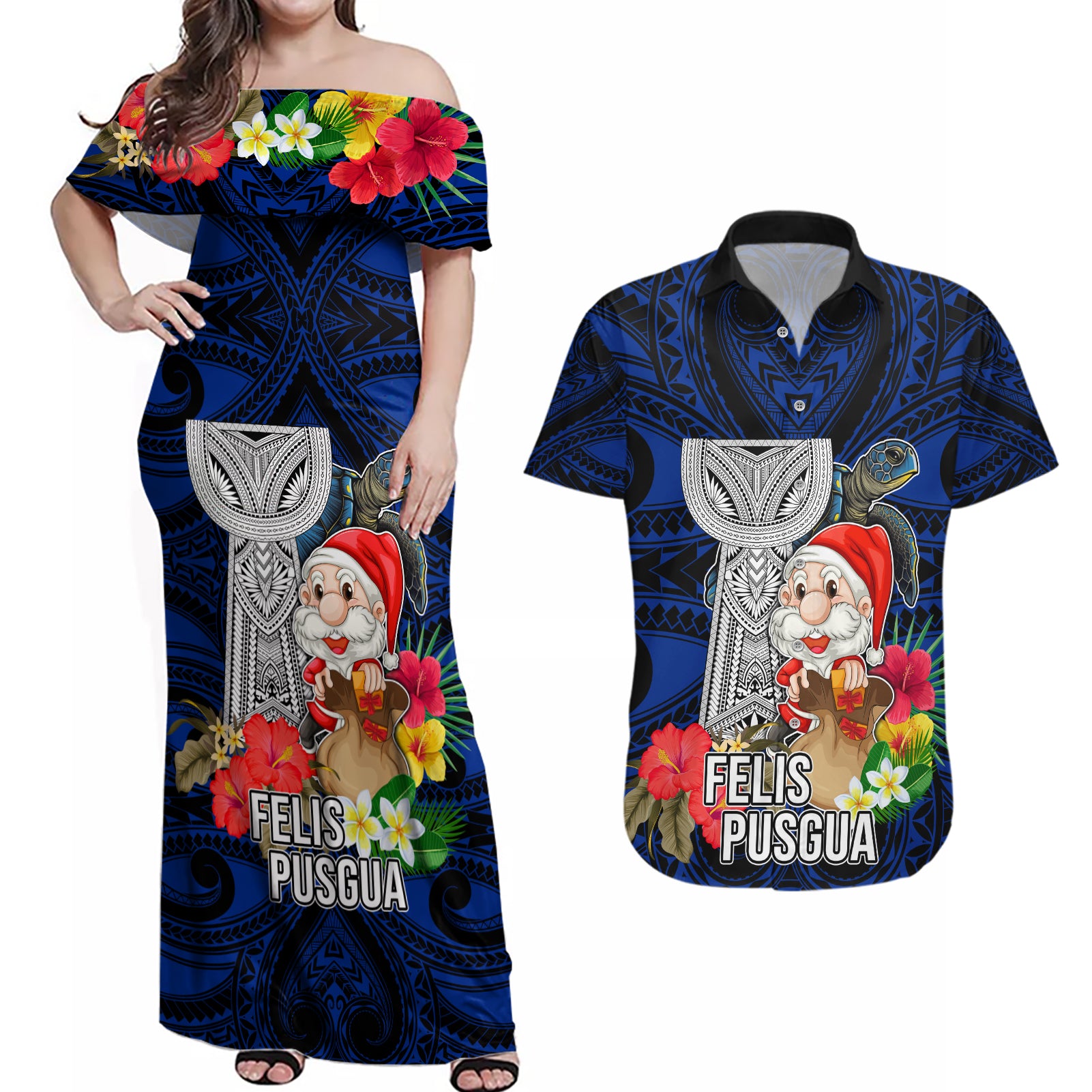 Custom Guam Christmas Couples Matching Off Shoulder Maxi Dress and Hawaiian Shirt Santa Gift Latte Stone and Sea Turle Mix Hibiscus Chamorro Blue Style LT03