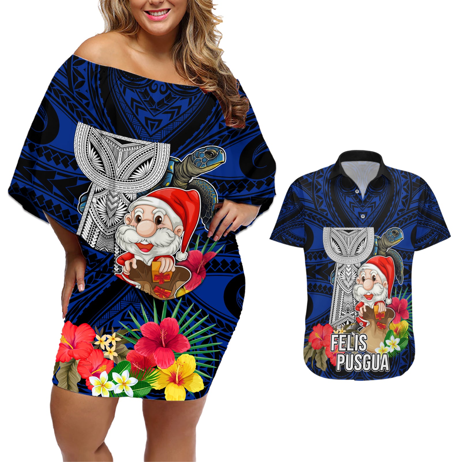 Custom Guam Christmas Couples Matching Off Shoulder Short Dress and Hawaiian Shirt Santa Gift Latte Stone and Sea Turle Mix Hibiscus Chamorro Blue Style LT03