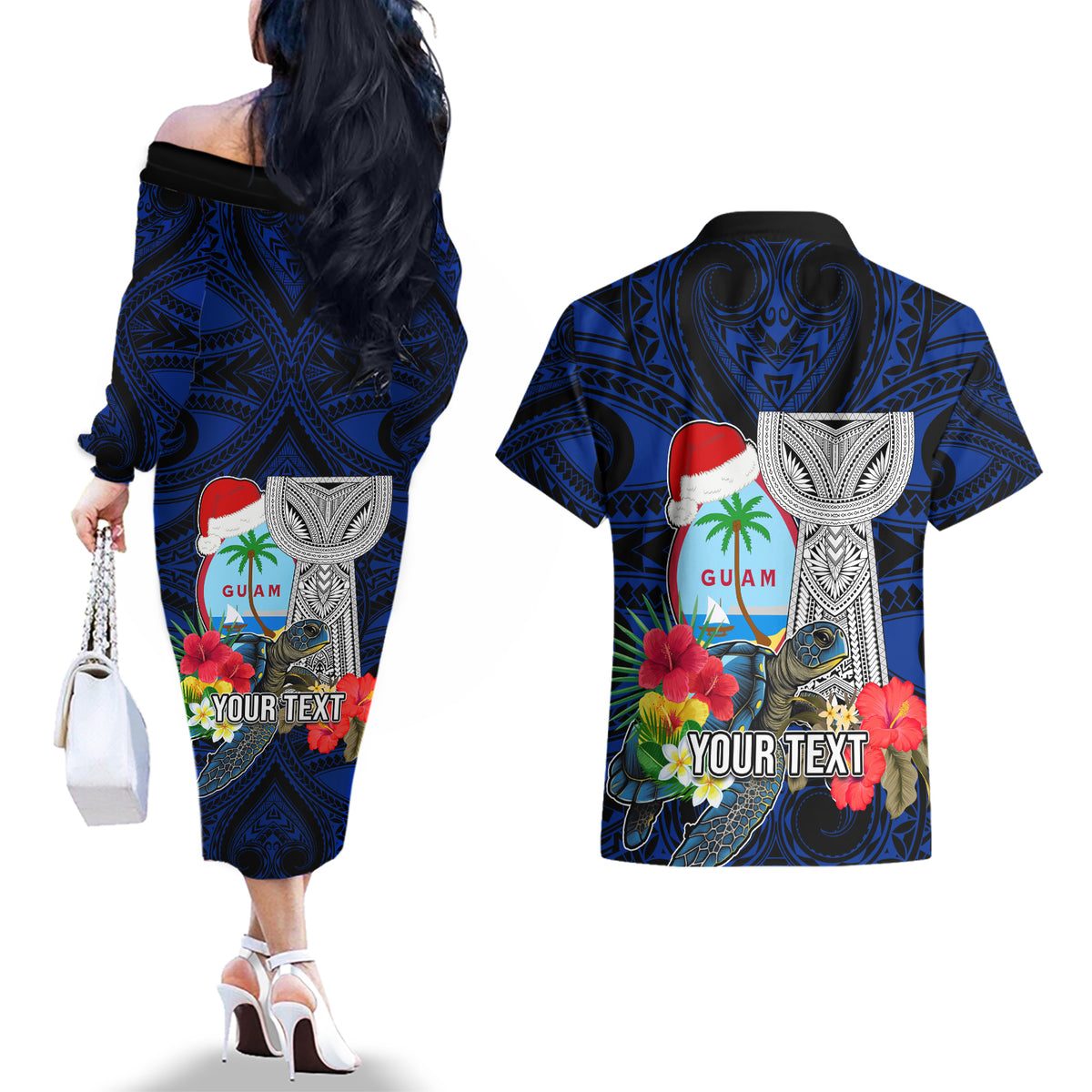 Custom Guam Christmas Couples Matching Off The Shoulder Long Sleeve Dress and Hawaiian Shirt Santa Gift Latte Stone and Sea Turle Mix Hibiscus Chamorro Blue Style LT03