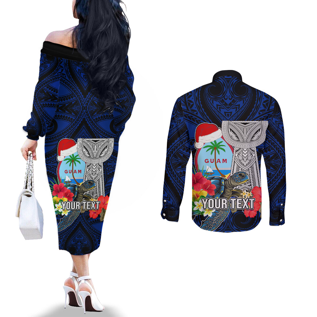 Custom Guam Christmas Couples Matching Off The Shoulder Long Sleeve Dress and Long Sleeve Button Shirt Santa Gift Latte Stone and Sea Turle Mix Hibiscus Chamorro Blue Style LT03