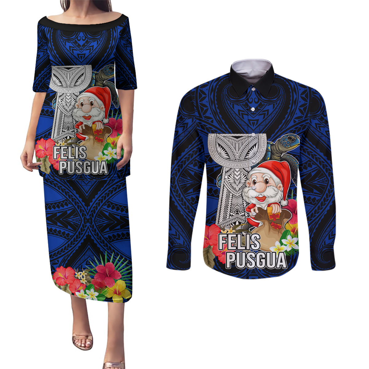 Custom Guam Christmas Couples Matching Puletasi Dress and Long Sleeve Button Shirt Santa Gift Latte Stone and Sea Turle Mix Hibiscus Chamorro Blue Style LT03