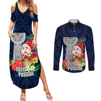 Custom Guam Christmas Couples Matching Summer Maxi Dress and Long Sleeve Button Shirt Santa Gift Latte Stone and Sea Turle Mix Hibiscus Chamorro Blue Style LT03