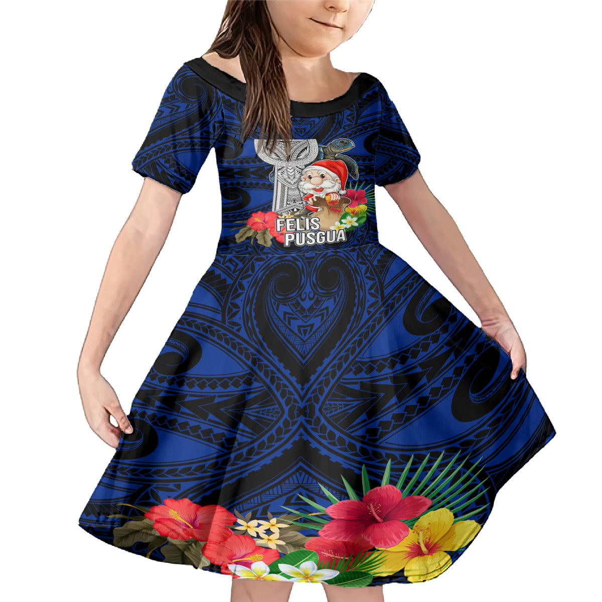 Custom Guam Christmas Family Matching Mermaid Dress and Hawaiian Shirt Santa Gift Latte Stone and Sea Turle Mix Hibiscus Chamorro Blue Style LT03