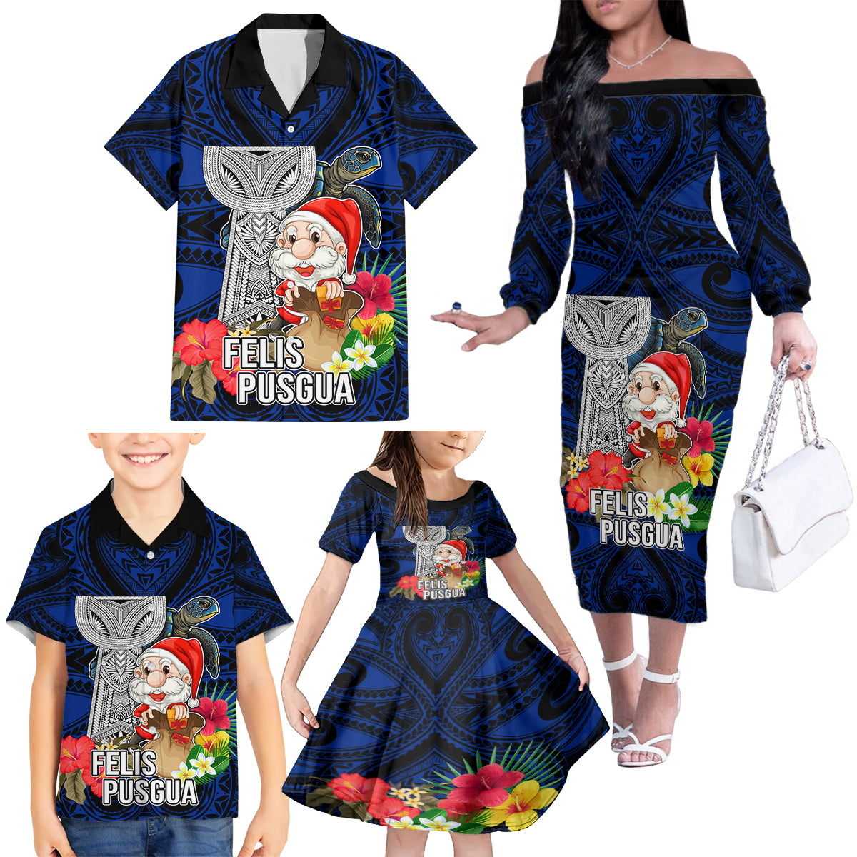 Custom Guam Christmas Family Matching Off Shoulder Long Sleeve Dress and Hawaiian Shirt Santa Gift Latte Stone and Sea Turle Mix Hibiscus Chamorro Blue Style LT03