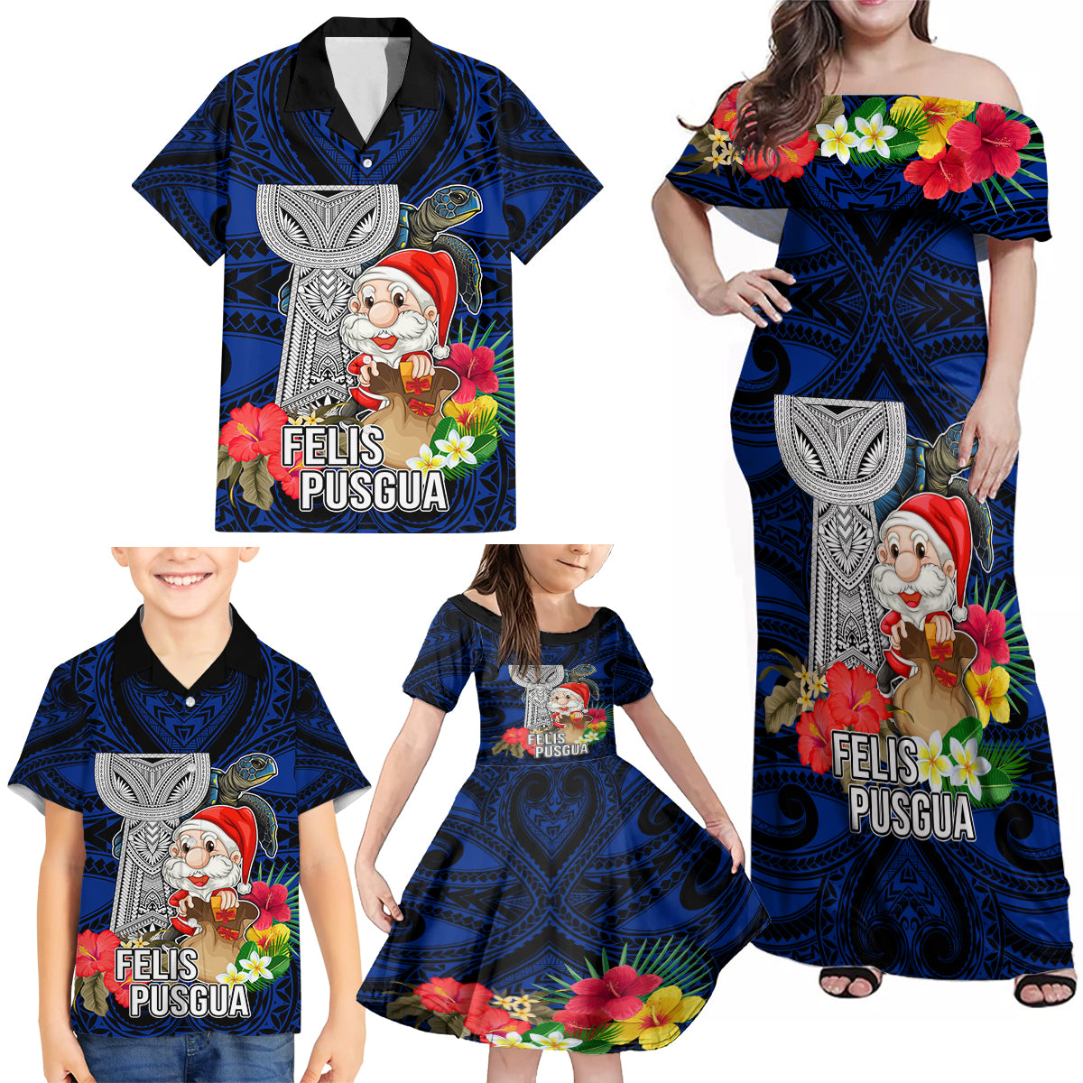 Custom Guam Christmas Family Matching Off Shoulder Maxi Dress and Hawaiian Shirt Santa Gift Latte Stone and Sea Turle Mix Hibiscus Chamorro Blue Style LT03