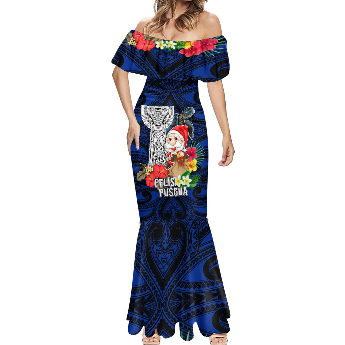 Custom Guam Christmas Mermaid Dress Santa Gift Latte Stone and Sea Turle Mix Hibiscus Chamorro Blue Style LT03 - Polynesian Pride