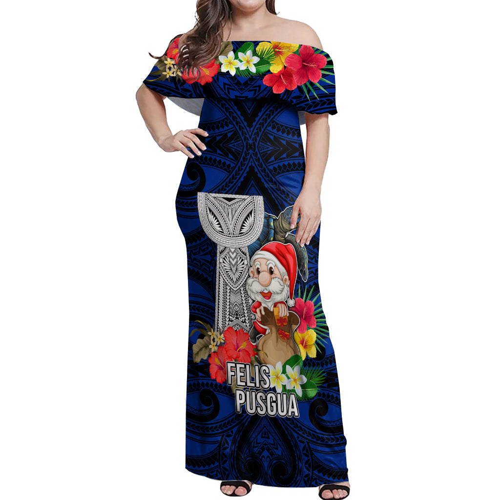 Custom Guam Christmas Off Shoulder Maxi Dress Santa Gift Latte Stone and Sea Turle Mix Hibiscus Chamorro Blue Style LT03