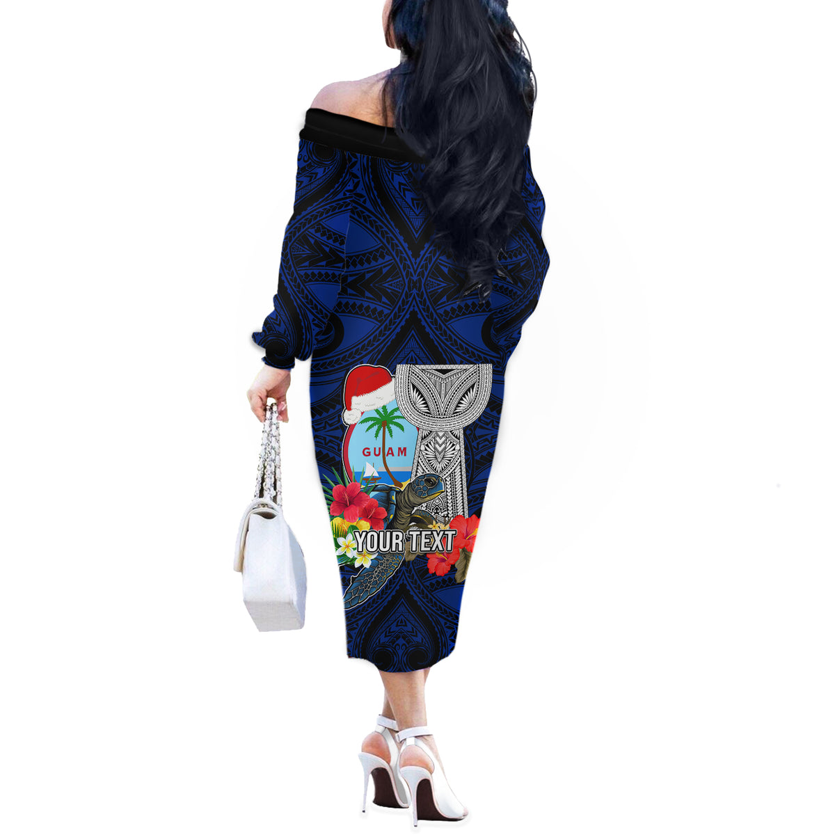 Custom Guam Christmas Off The Shoulder Long Sleeve Dress Santa Gift Latte Stone and Sea Turle Mix Hibiscus Chamorro Blue Style LT03
