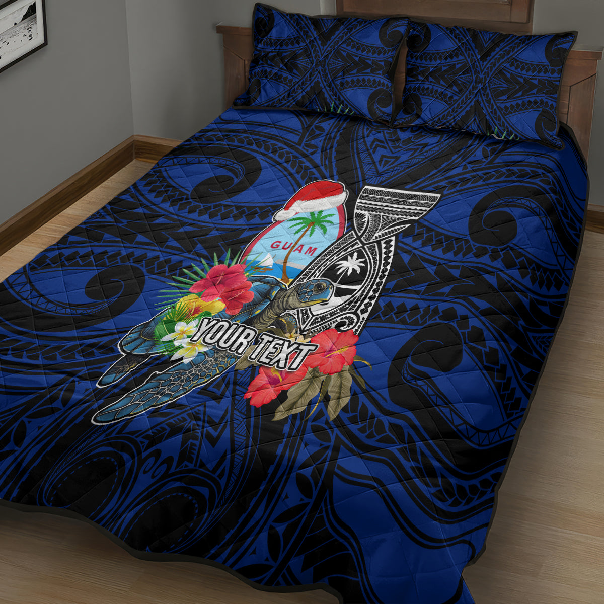 Custom Guam Christmas Quilt Bed Set Santa Gift Latte Stone and Sea Turle Mix Hibiscus Chamorro Blue Style LT03