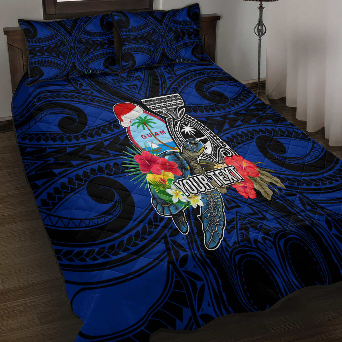 Custom Guam Christmas Quilt Bed Set Santa Gift Latte Stone and Sea Turle Mix Hibiscus Chamorro Blue Style LT03