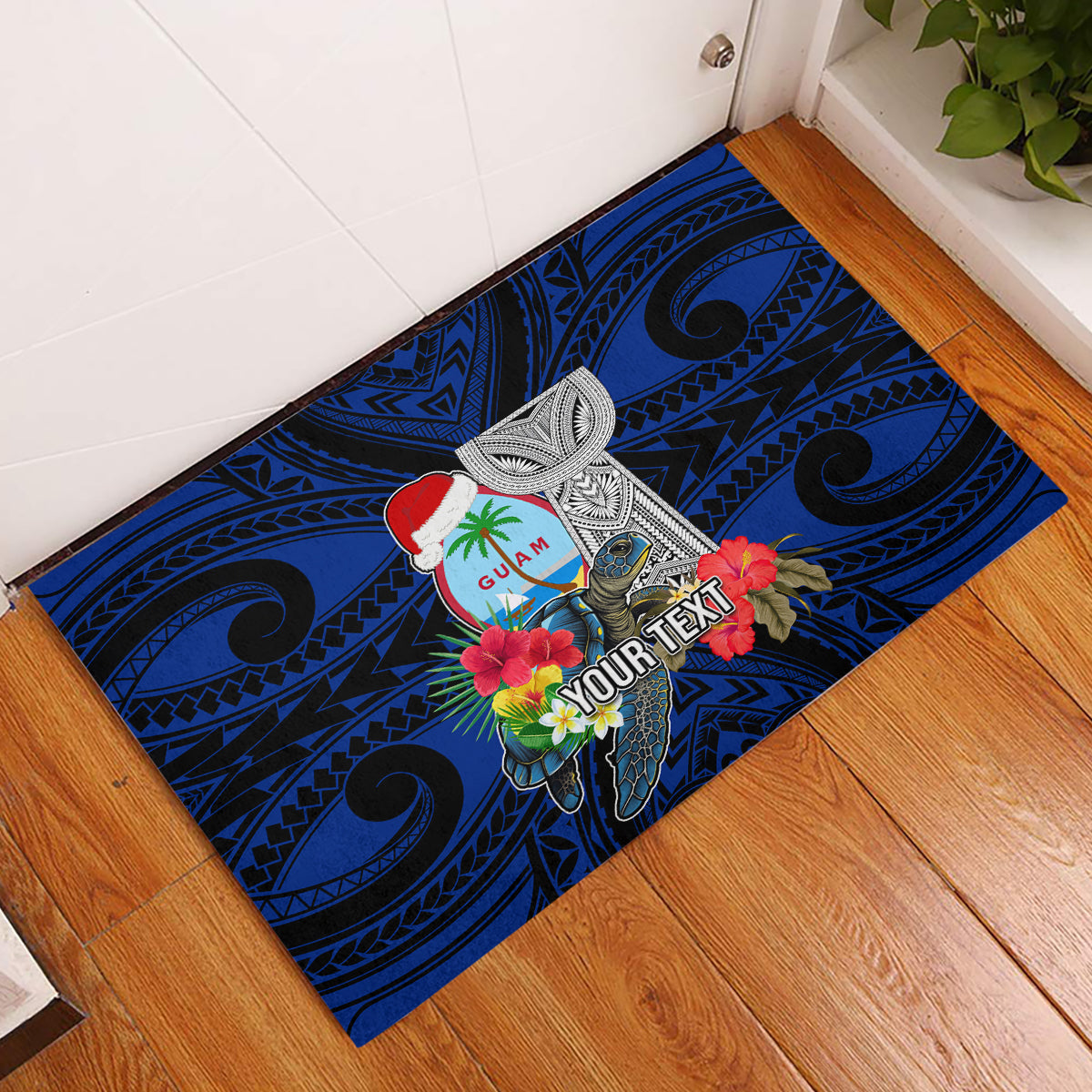 Custom Guam Christmas Rubber Doormat Santa Gift Latte Stone and Sea Turle Mix Hibiscus Chamorro Blue Style LT03