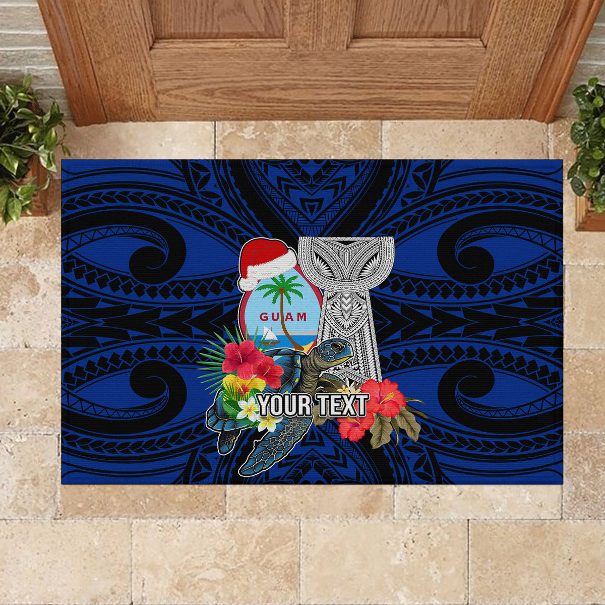 Custom Guam Christmas Rubber Doormat Santa Gift Latte Stone and Sea Turle Mix Hibiscus Chamorro Blue Style LT03