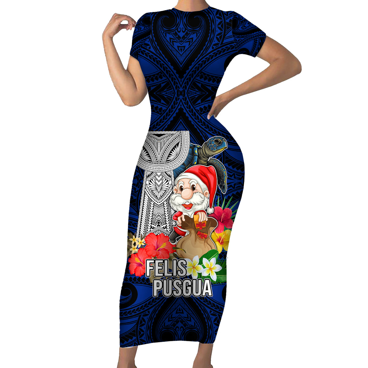 Custom Guam Christmas Short Sleeve Bodycon Dress Santa Gift Latte Stone and Sea Turle Mix Hibiscus Chamorro Blue Style LT03
