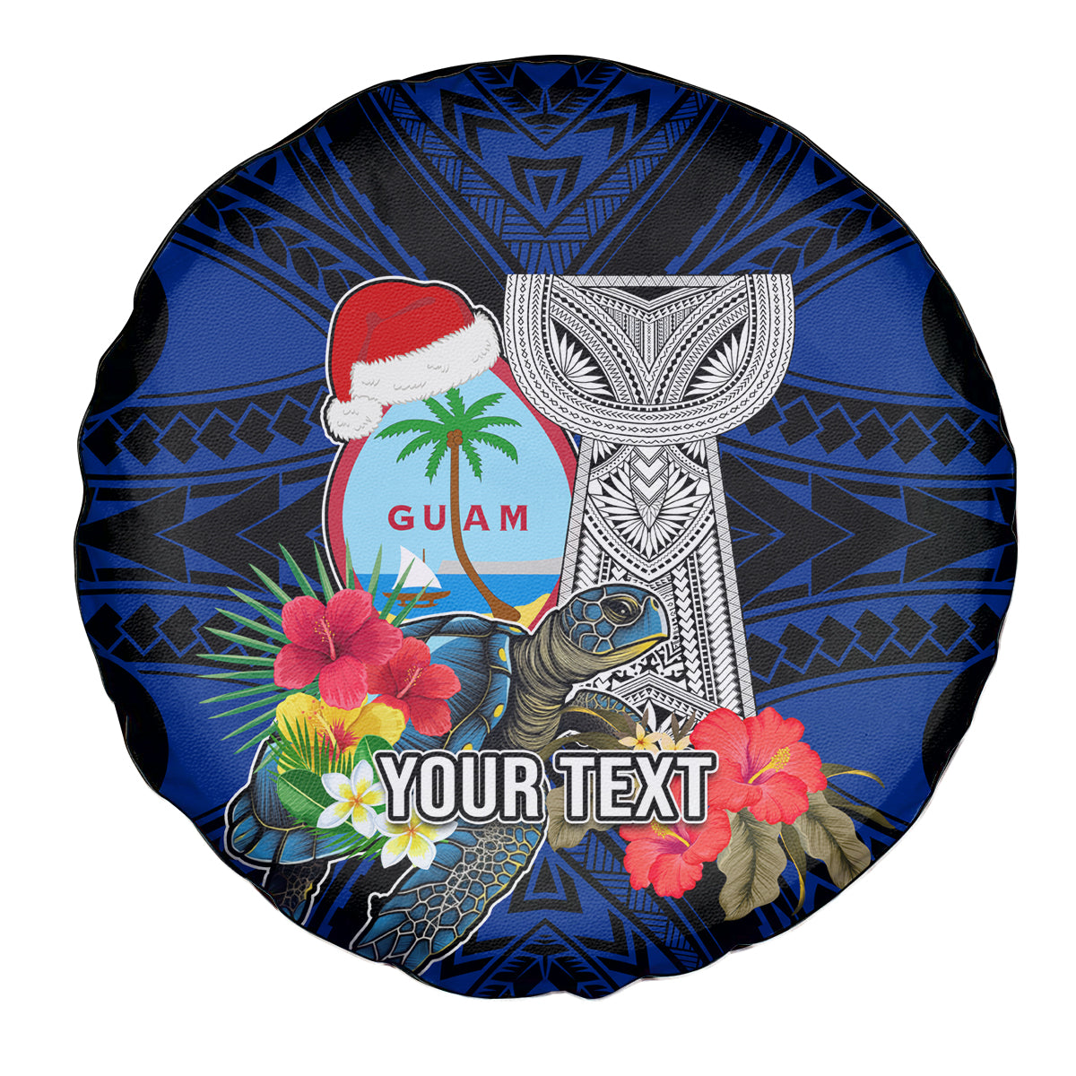 Custom Guam Christmas Spare Tire Cover Santa Gift Latte Stone and Sea Turle Mix Hibiscus Chamorro Blue Style LT03