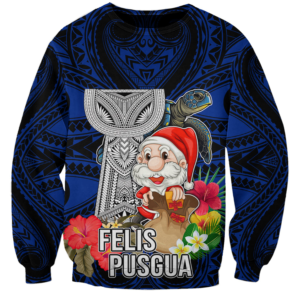 Custom Guam Christmas Sweatshirt Santa Gift Latte Stone and Sea Turle Mix Hibiscus Chamorro Blue Style LT03