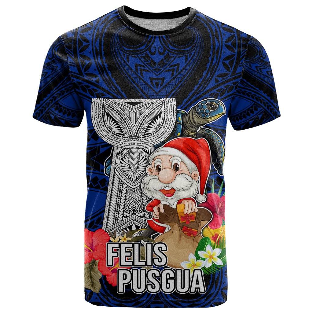 Custom Guam Christmas T Shirt Santa Gift Latte Stone and Sea Turle Mix Hibiscus Chamorro Blue Style LT03